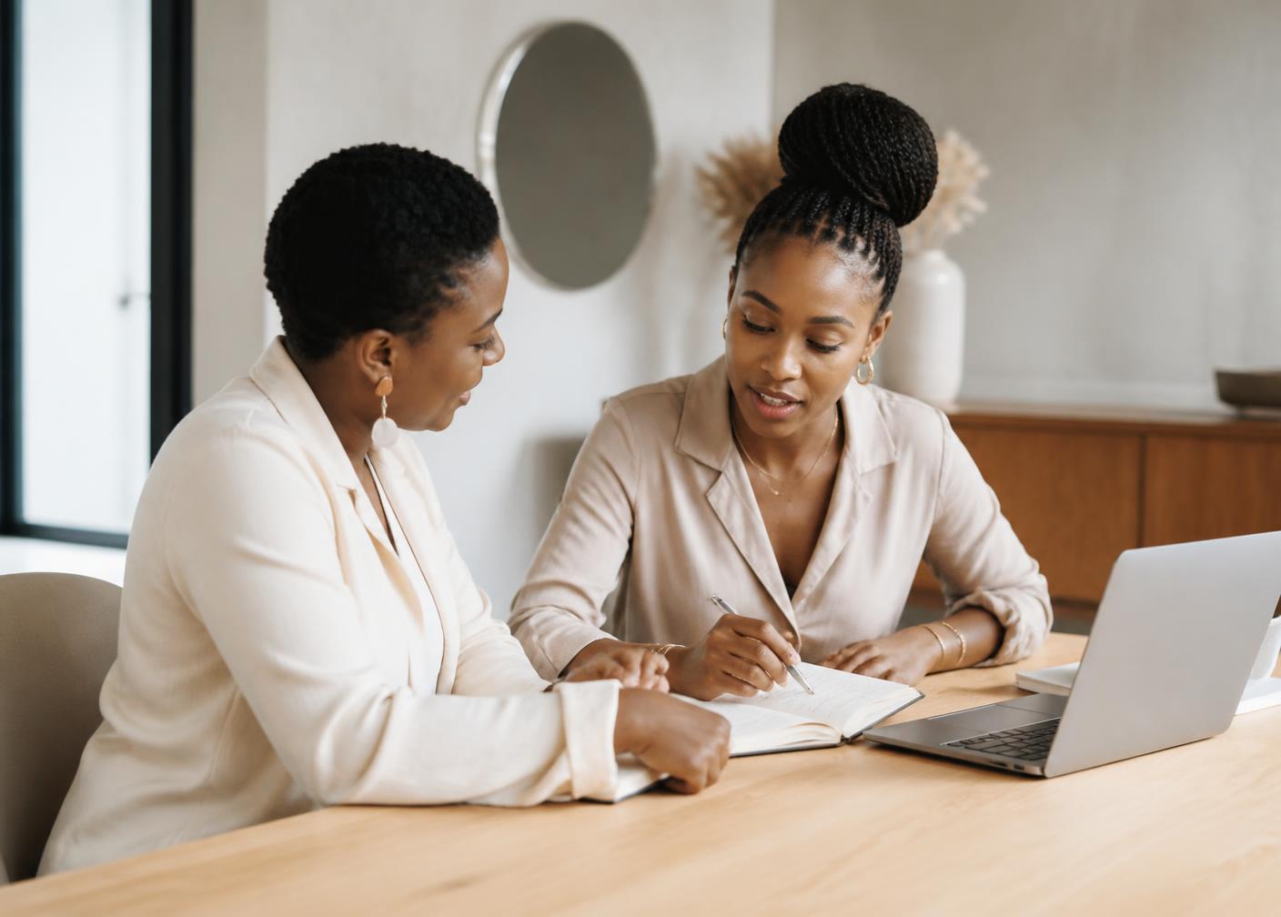 A business consultant working through a growth plan with a client at a table