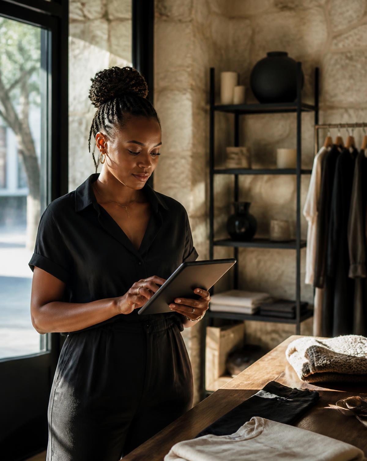A small business owner reviewing stock and figures on a tablet in her boutique workshop